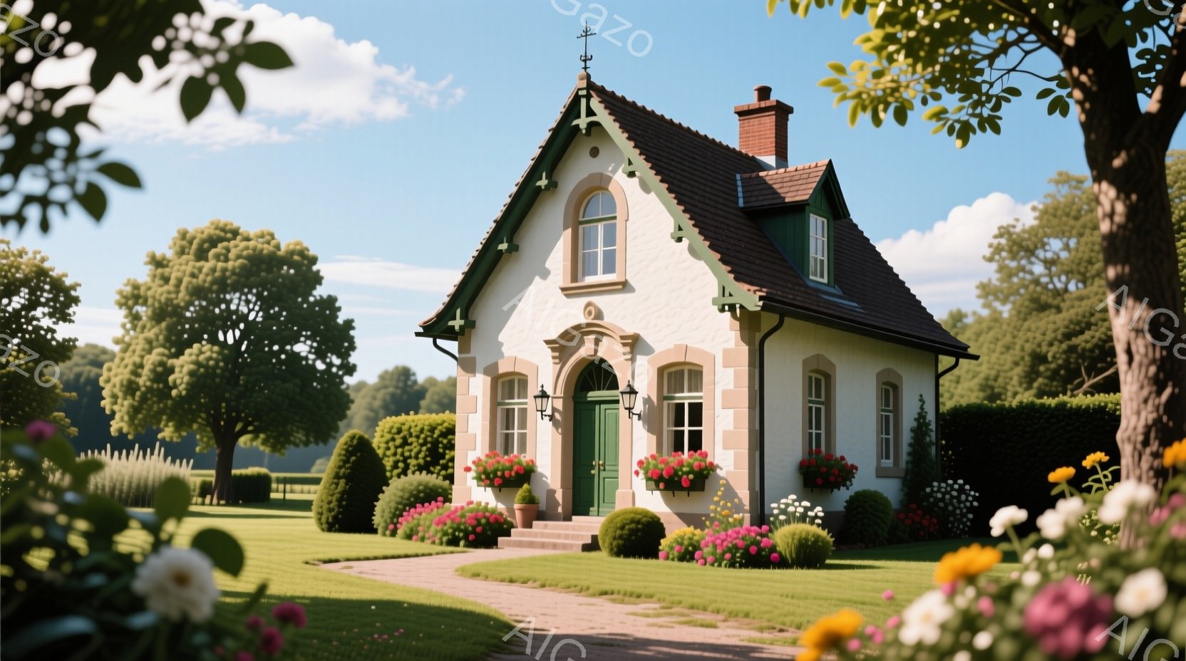 緑豊かな庭園に面した、可愛らしいクリーム色の小さな家が写っています。窓枠や玄関ドアは鮮やかな緑色で、窓辺には色とりどりの花が咲き乱れ、美しいコントラストを作り出しています。背景には緑の生垣と広々とした芝生が広がり、晴天の下、穏やかで牧歌的な雰囲気を醸し出しています。