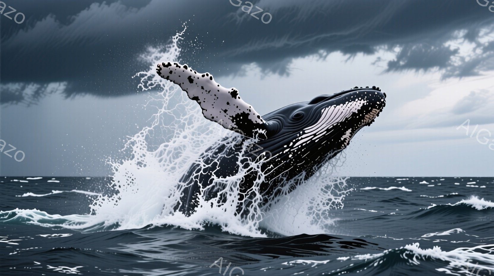 巨大なコククジラが荒れた海面から力強く跳躍している様子が捉えられている。波しぶきが四方八方に飛び散り、空は暗雲に覆われ、激しい嵐の予感を漂わせている。海は深く暗い青色で、エネルギーと野生の力強さを感じさせる。