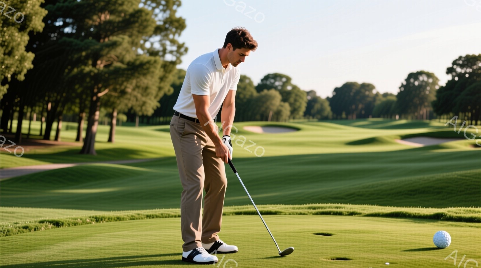 ゴルフ選手が緑豊かなゴルフコースでパットをしている様子が写っている。彼は白のポロシャツとベージュ色のパンツ、そして白と黒のゴルフシューズを着用し、少し前かがみの姿勢で集中した表情を見せている。背景には緑の芝生と木々、そして遠くに見えるフェアウェイが広がり、晴れた日の穏やかなゴルフの雰囲気を醸し出している。