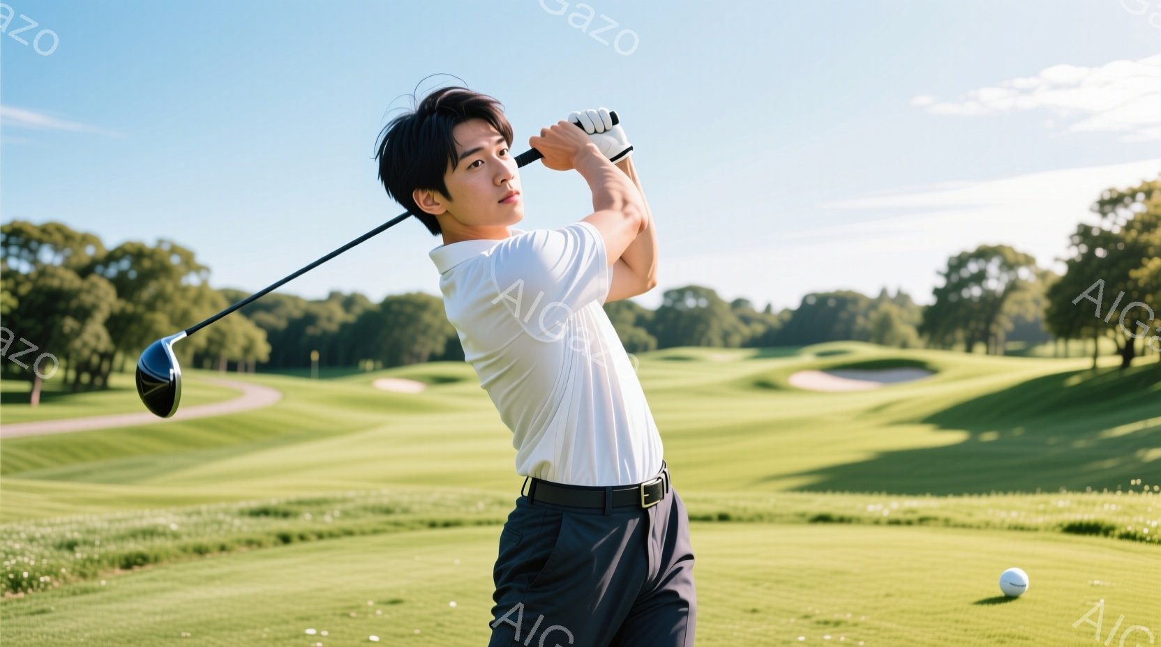若い男性がゴルフスイングをしている写真です。白のポロシャツに黒のズボンを着用し、青空の下、緑豊かなゴルフコースで力強いフォームを見せています。背景には起伏のある地形とゴルフコースのレイアウトが見え、爽やかな晴天の下でゴルフを楽しんでいる様子が伝わってきます。