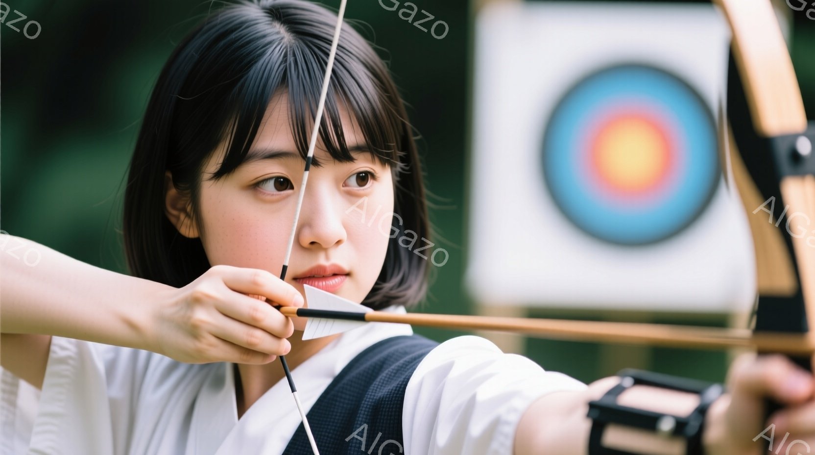 浅黒いボブヘアの女性が弓を持ち、矢を構えている様子が写っている。白い上着と黒い帯を締め、集中した表情で目標を見据えている。背景にはターゲットと緑豊かな自然が見え、集中と静寂が感じられる。