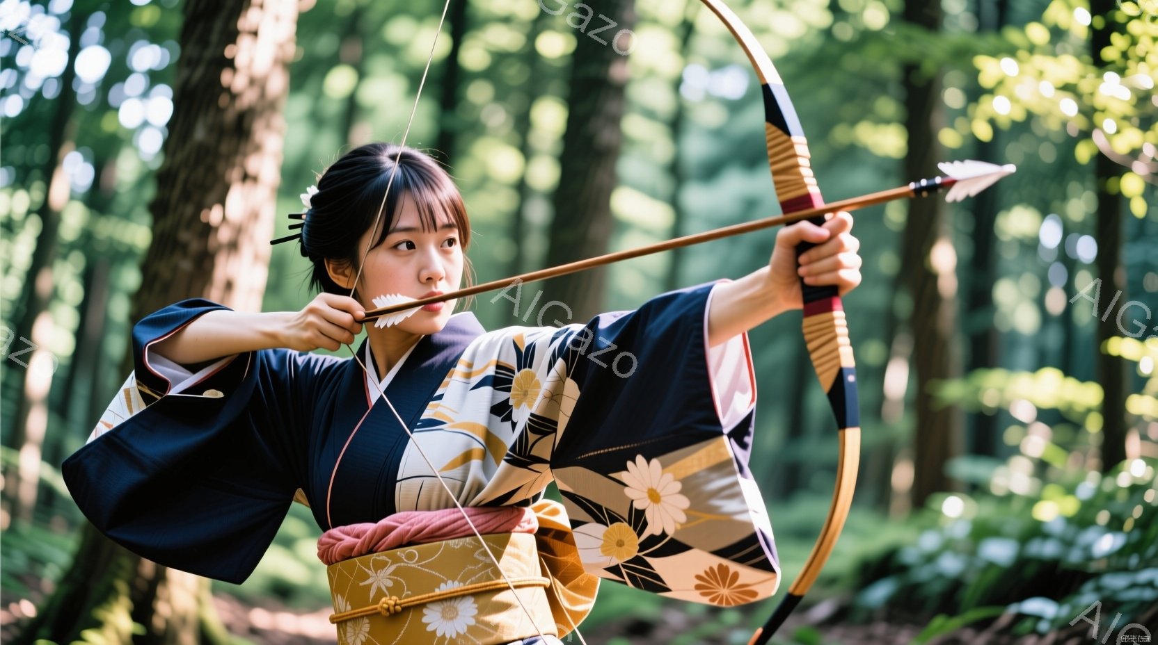 鮮やかな花柄の着物と兵児帯を身につけた女性が、弓を構える姿が捉えられています。彼女は黒髪を後ろでまとめ、凛とした表情で集中しています。背景は緑豊かな森で、木漏れ日が差し込み、静かで神秘的な雰囲気を醸し出しています。