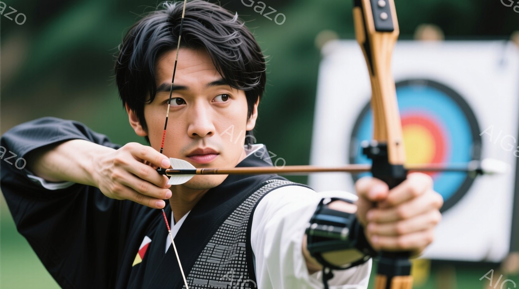 競技者が弓を構え、標的を見据えている姿が写っている。黒いジャケットと白いシャツを着用し、短髪で集中した表情をしている。背景には緑の自然と、ターゲットの円形の標的があり、競技場の雰囲気が伝わる。