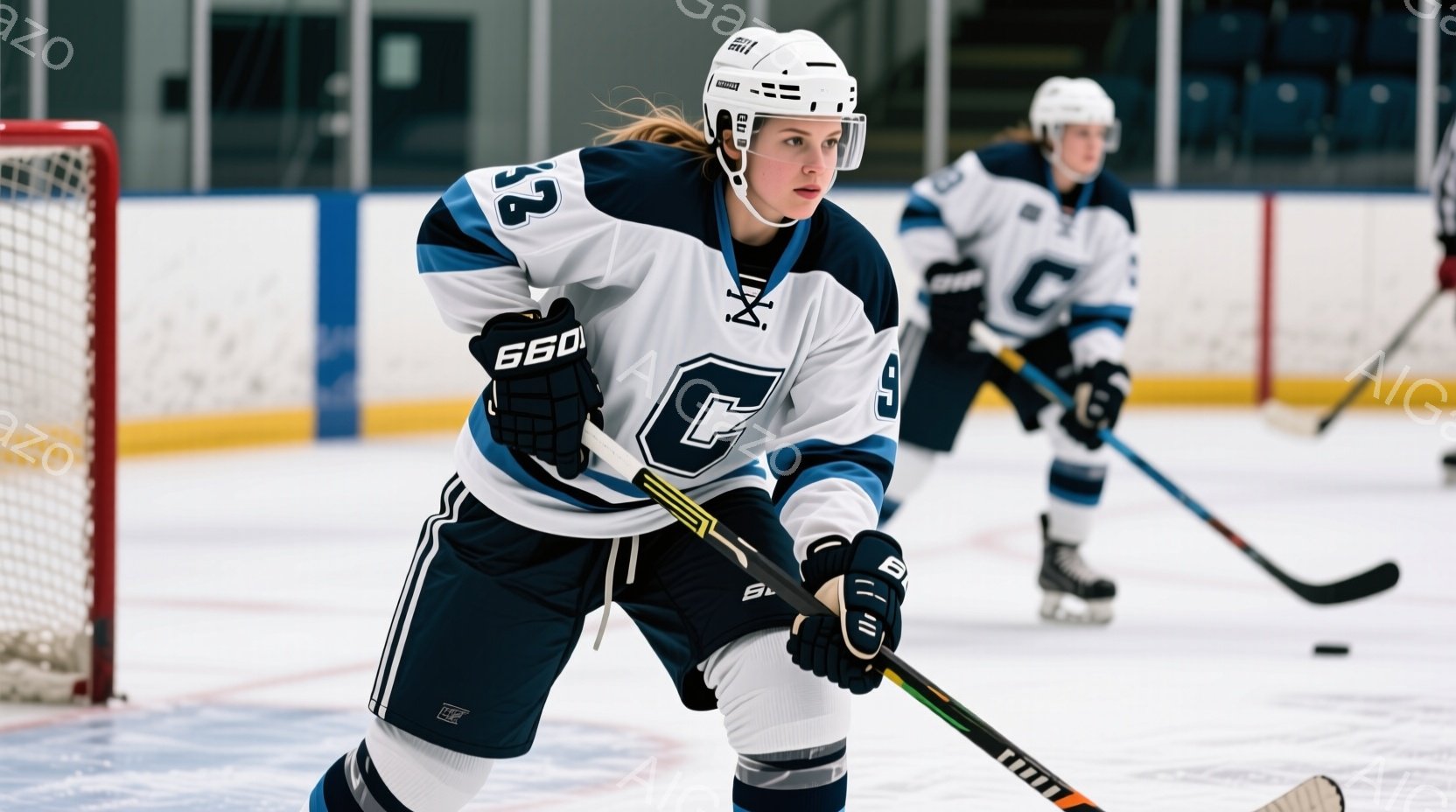 アイスホッケーの選手が競技に集中して写っている。紺と白のユニフォームとヘルメットを着用し、金髪をポニーテールにまとめている。選手は片膝を立て、ホッケーのスティックを握り、競技場内の氷上で行われている試合の準備をしているように見える。