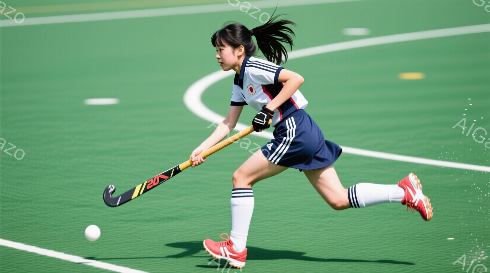 紺色のユニフォームと白と青のストライプのスカートを身につけた若い女性が、緑色のフィールドホッケーのピッチを走っている。彼女は高いポニーテールで髪をまとめ、赤いスニーカーとソックスを履いており、ホッケーのスティックを構え、白いボールを打ち込もうとしている。背景にはフィールドのラインが見え、全体的に活気があり、運動的な雰囲気が漂う。