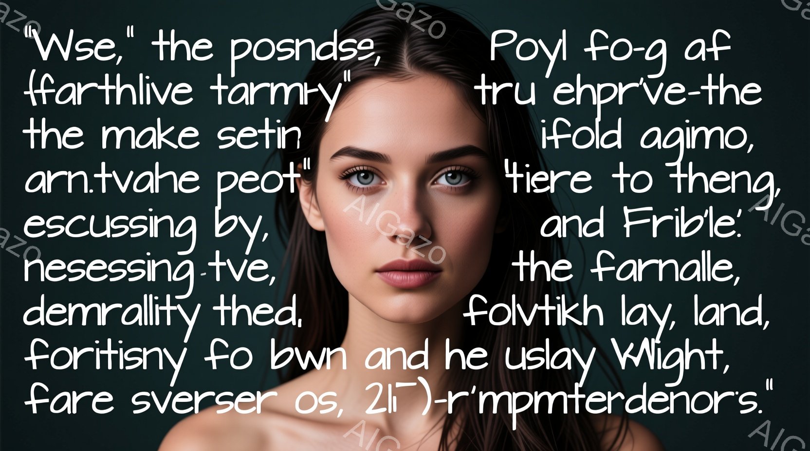 鮮やかな緑色の瞳を持つ女性のクローズアップです。髪はダークカラーで、顔の半分を覆うように巻かれています。彼女はわずかに口を開け、知的な印象を与える表情をしています。