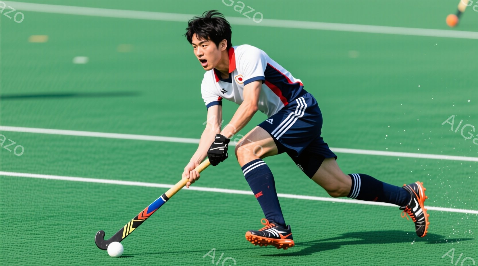 若い男性が緑のフィールドホッケーのコートでホッケーのスティックを構え、ボールを打ちそうな姿勢をとっています。彼は白を基調とした日本代表のユニフォーム、濃い青色のショーツ、そして膝丈のソックスを着用しており、黒髪を短く切っています。背景は鮮やかな緑色のフィールドで、強い日差しが照らし、競技の緊張感と躍動感が伝わってきます。