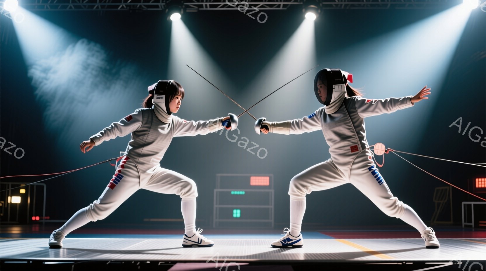 フェンシングの試合中の若い女性フェンサーが2人写っています。白いフェンシングスーツとプロテクターを着用し、ヘルメットをかぶっているため、表情はほとんど見えません。彼女たちは競技場の床で正面を向き合い、剣を構え、競技に集中した姿勢で対峙しています。