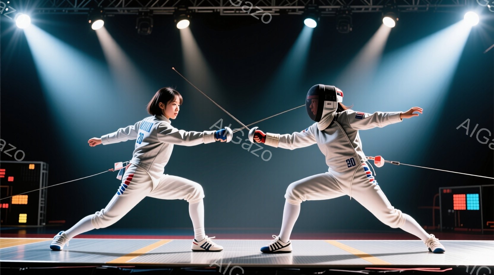 二人のフェンサーがフェンシングの試合中である。白のユニフォームとプロテクターを身に着け、片手に剣を持ち、互いに向かい合って構えている。背景は体育館の床で、天井から光が差し込み、競技場を照らしている。