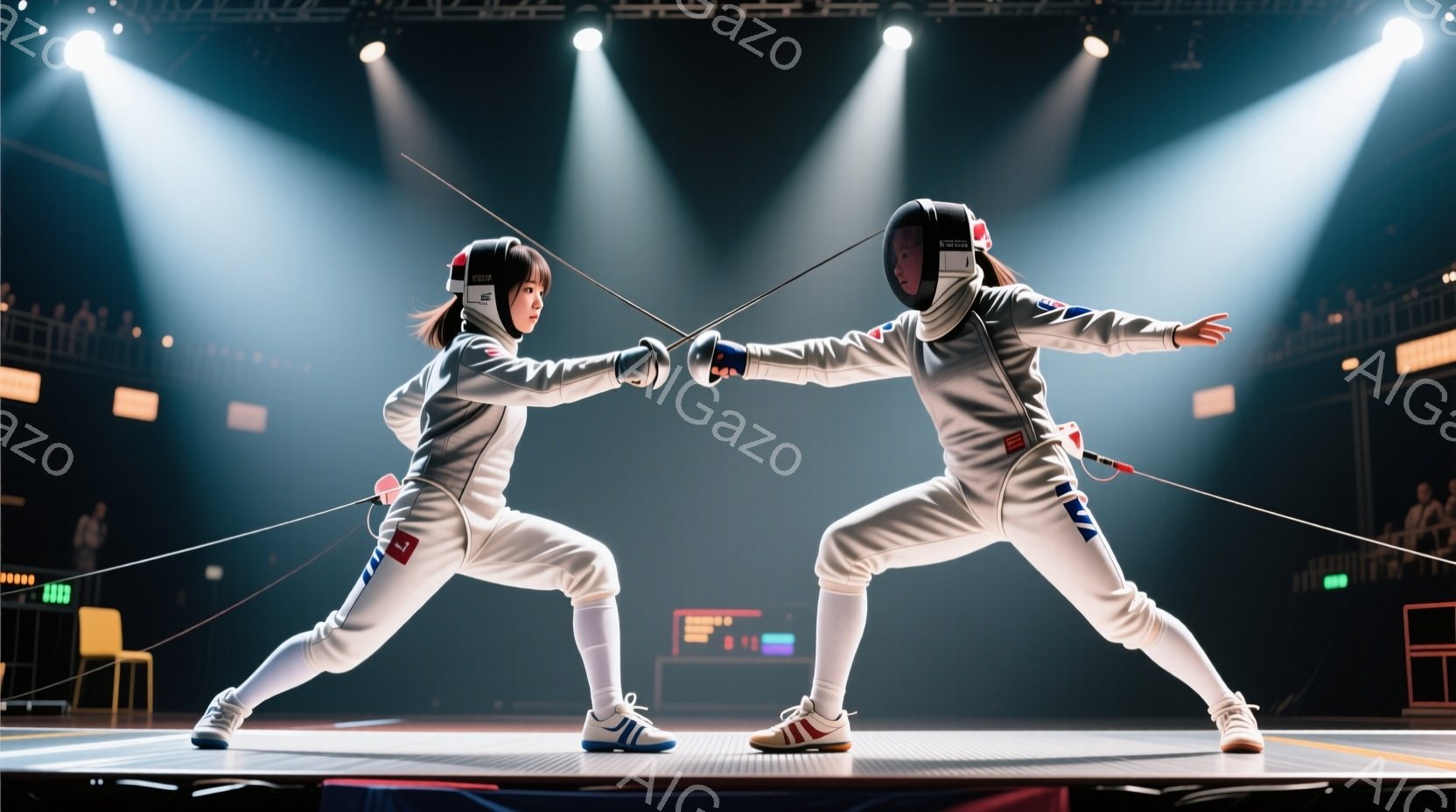 フェンシングの競技者が2人写っており、互いに剣を構えて対峙している。両者は白いフェンシングスーツ、マスク、プロテクターを着用し、緊張感のある表情を隠している。背景には観客席が見え、競技場全体がスポットライトで照らされ、競技に集中した雰囲気を作り出している。