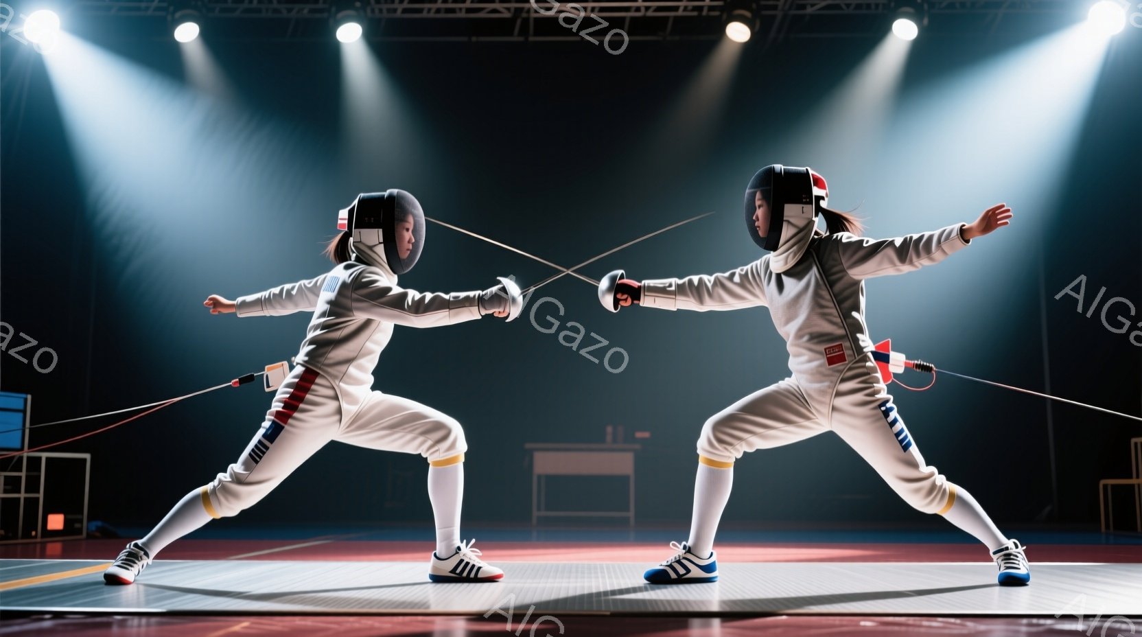 フェンシングの競技者が2人、対峙する姿が描かれています。白いフェンシングスーツにヘルメットとマスクを着用し、片手に剣を持ち、決意に満ちた姿勢で互いを見つめ合っています。背景には、フェンシングコートのラインと観客席らしき暗い空間が広がり、スポットライトが競技者を照らしています。