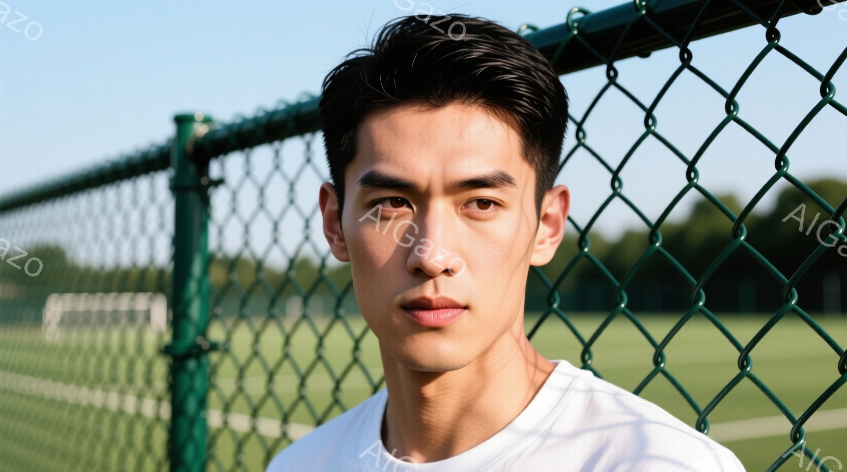 若い男性がカメラに向かって正面を向いて立っている。彼は白いTシャツを着ており、黒い髪は短く整えられている。背景には緑色のフェンスとサッカー場のような芝生が見え、晴れた日の屋外の様子が伺える。
