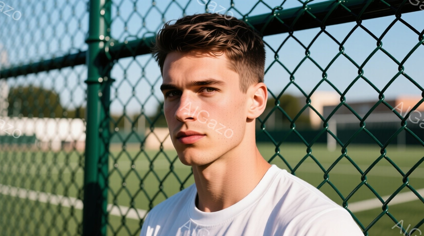 若い男性が写っており、白いTシャツを着て、短く整えられた髪型にしています。彼は少し眉間にしわを寄せ、カメラの方をまっすぐ見つめており、落ち着いた、あるいは少し挑戦的な表情をしています。背景には緑色のフ - AI生成フリー素材