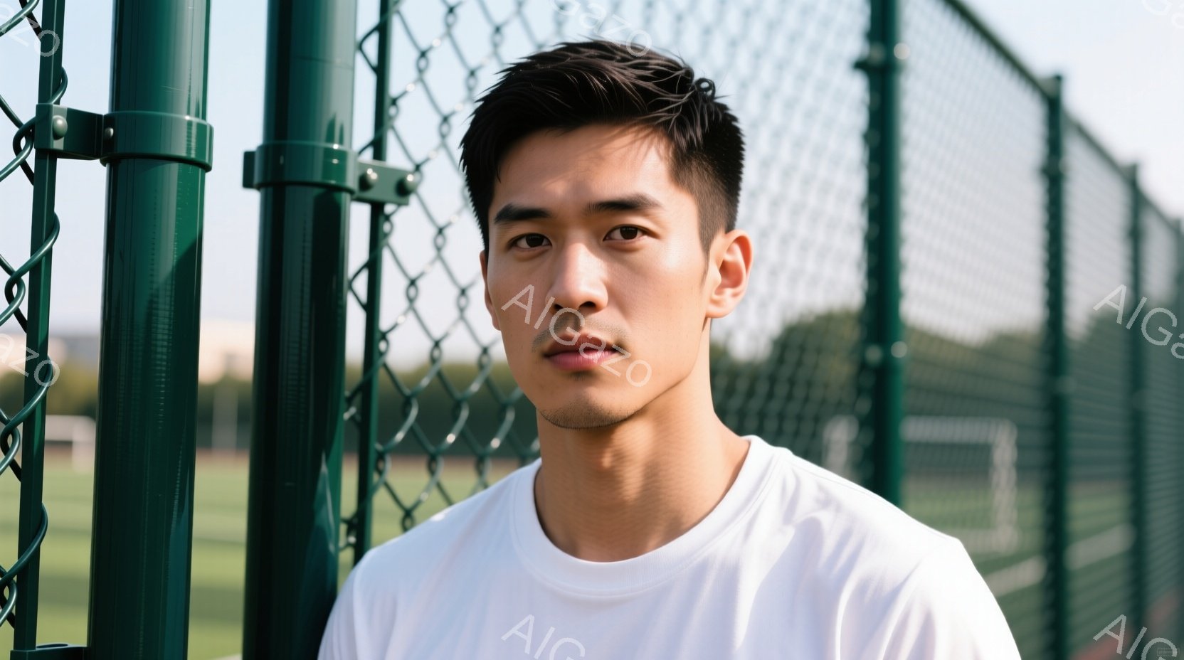 若い男性が白いTシャツを着て、カメラの方をまっすぐ見ています。彼の髪は短く整えられ、表情は真剣で落ち着いています。背景には緑色のフェンスとぼやけた緑地が見え、全体的に落ち着いた雰囲気です。