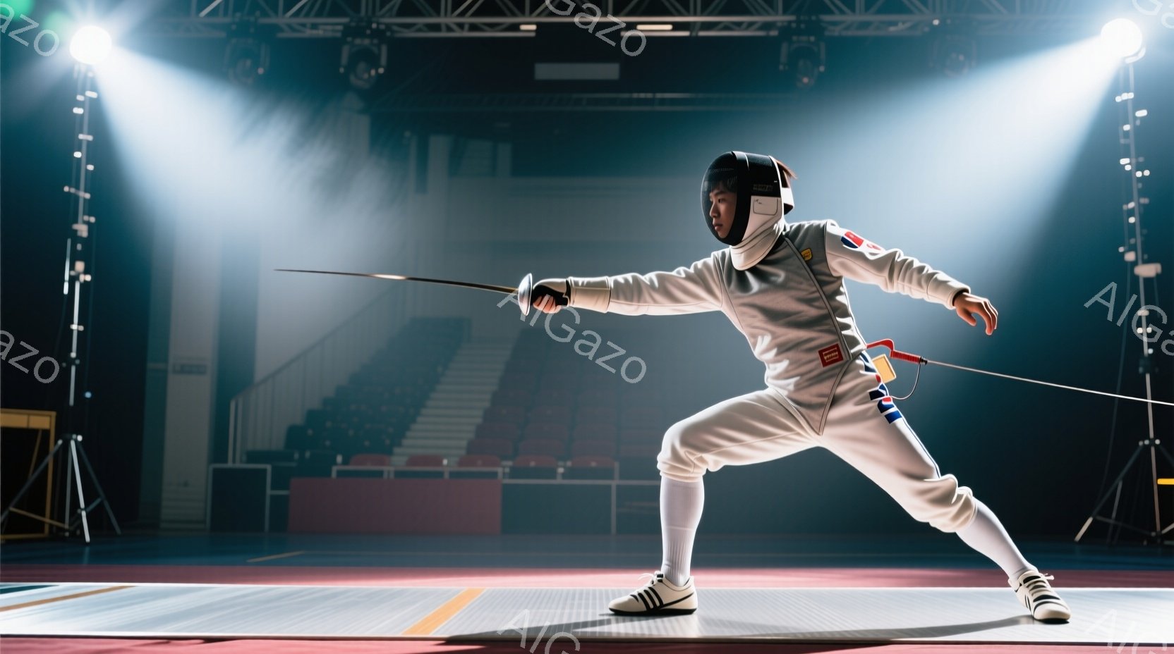 フェンシングの選手が競技場でポーズを取っています。白いフェンシングスーツに身を包み、頭にはヘルメット、足元にはスニーカーを履いています。競技場は観客席と照らし出すスポットライトがあり、緊張感と集中感が漂う雰囲気です。