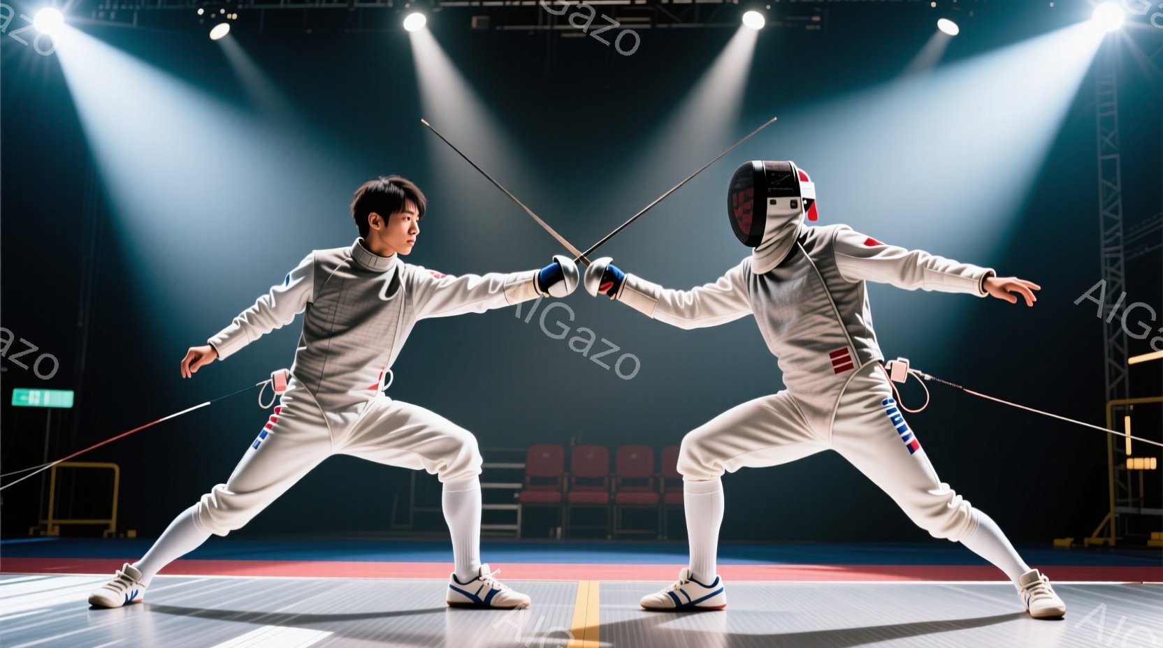 競技場の中央で、フェンシングの選手が二人、白のユニフォームと防具を身につけ、剣を構えて対峙している。選手たちは膝を曲げ、前かがみになり、緊張感のある姿勢で互いに攻撃の機会を伺っている。背景は暗く、観客席が見え、競技場の床には競技ラインが引かれ、スポットライトが二人を照らしている。