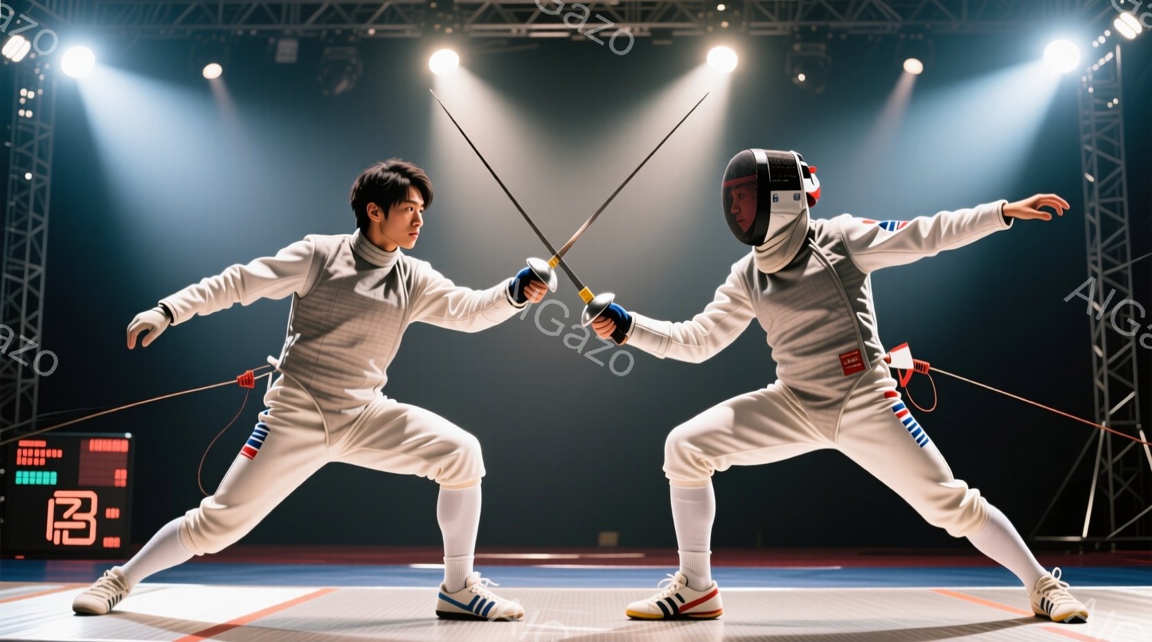 競技場の床に、フェンシングの選手が二人、向かい合って立っている。白いフェンシングスーツに身を包み、顔には金属製のマスクを着用、髪型は短く整えられている。二人は剣を構え、競技開始前の緊張感のある姿勢で互いを見つめ、競技場の照明が彼らを照らしている。