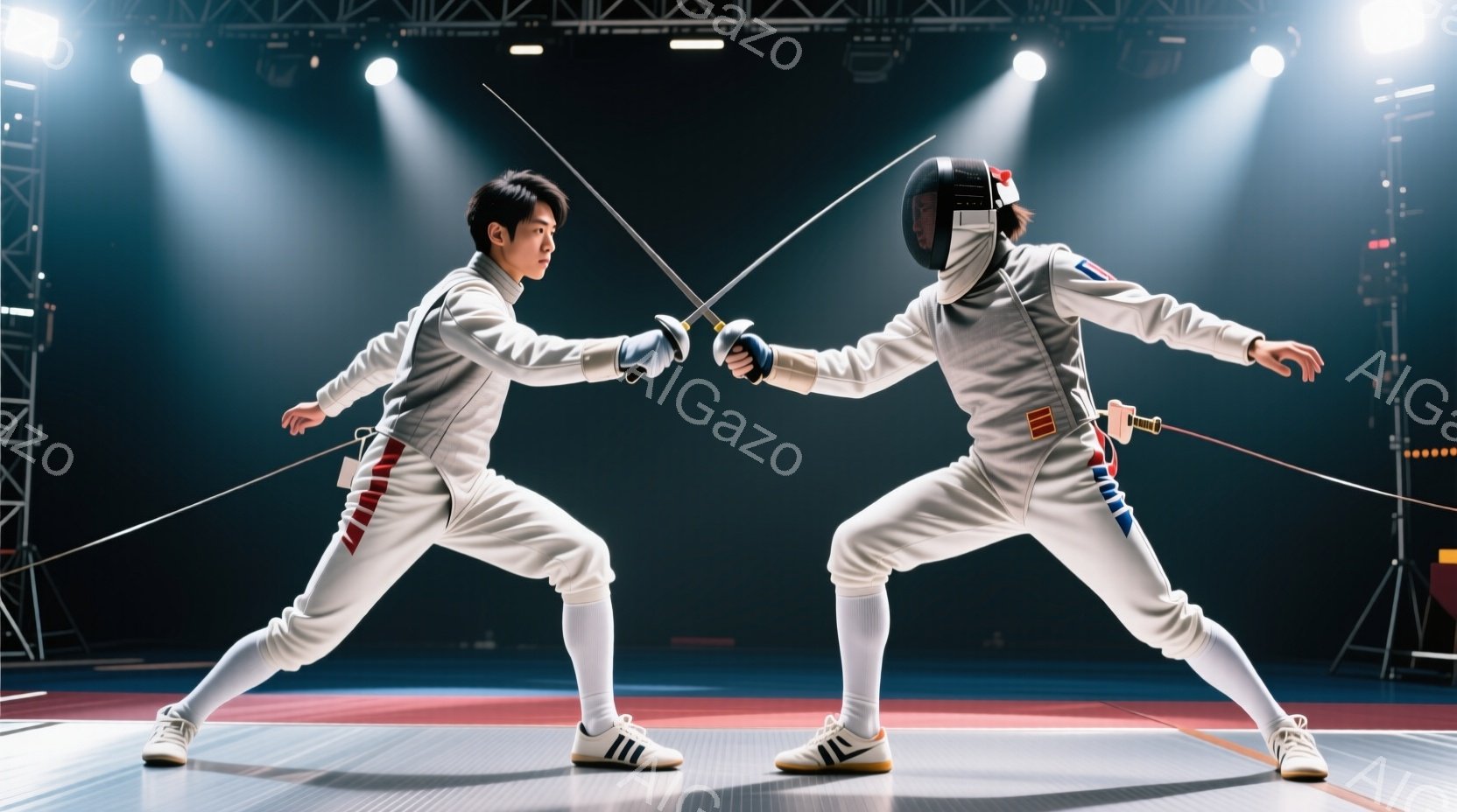 二人のフェンサーが、競技場の中央で剣を構え、対峙している。白のフェンシングスーツを着用し、一人は青と赤のストライプ、もう一人は青と黄色のストライプがアクセントとなっている。背景は暗く、競技場の照明が彼らを照らし出し、緊張感のある雰囲気を醸し出している。