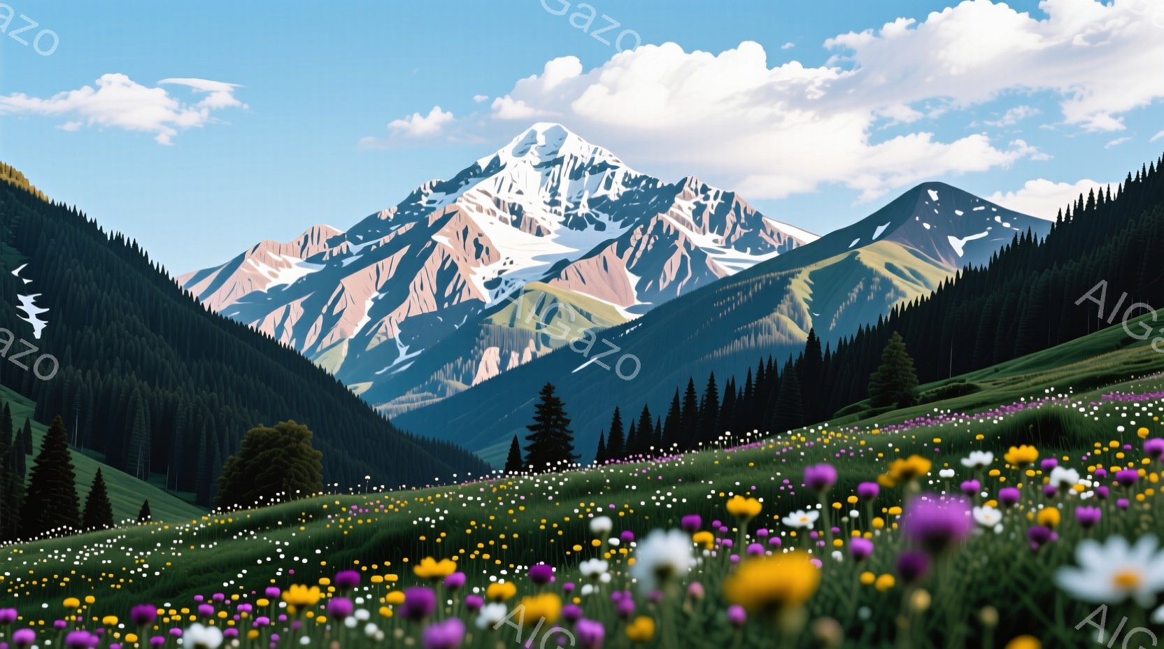 壮大な山が背景にそびえ立ち、その麓には色とりどりの花々が咲き乱れる緑豊かな草原が広がっています。山の斜面は岩肌が露出し、雪を抱きながら力強くそびえ立っており、周囲の深い緑の森林と鮮やかなコントラストを - AI生成フリー素材
