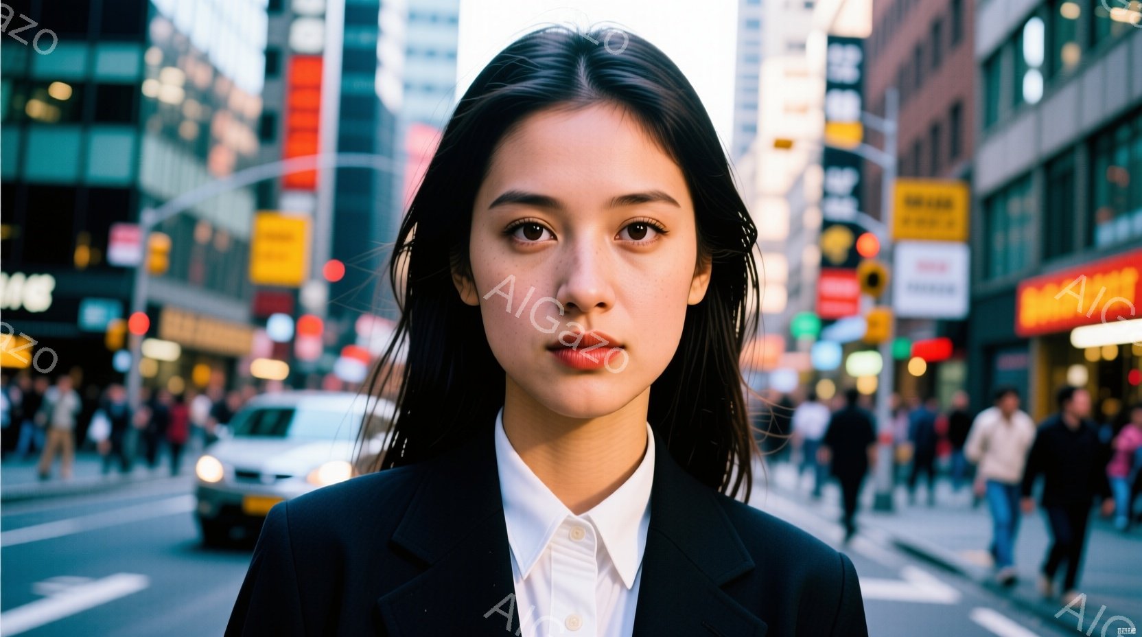 黒髪の女性が、白いシャツに黒いジャケットを着て、カメラに向かって正面を見ている。彼女は少し微笑んでおり、自信に満ちた表情をしている。背景には、ぼやけたニューヨークの街並み、多くの歩行者、そしてタクシーが写っており、活気のある都市の雰囲気が感じられる。
