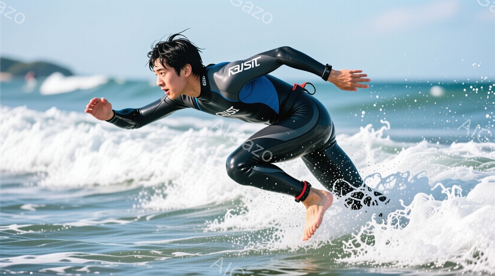 黒いウェットスーツを着た男性が、波の上を駆け抜けている様子が写っている。彼は、髪を濡らし、真剣な表情で前進しており、運動能力の高さが伺える。背景には青い海と白い波が広がり、晴れた空の下、活気のあるマリンスポーツの雰囲気が漂っている。
