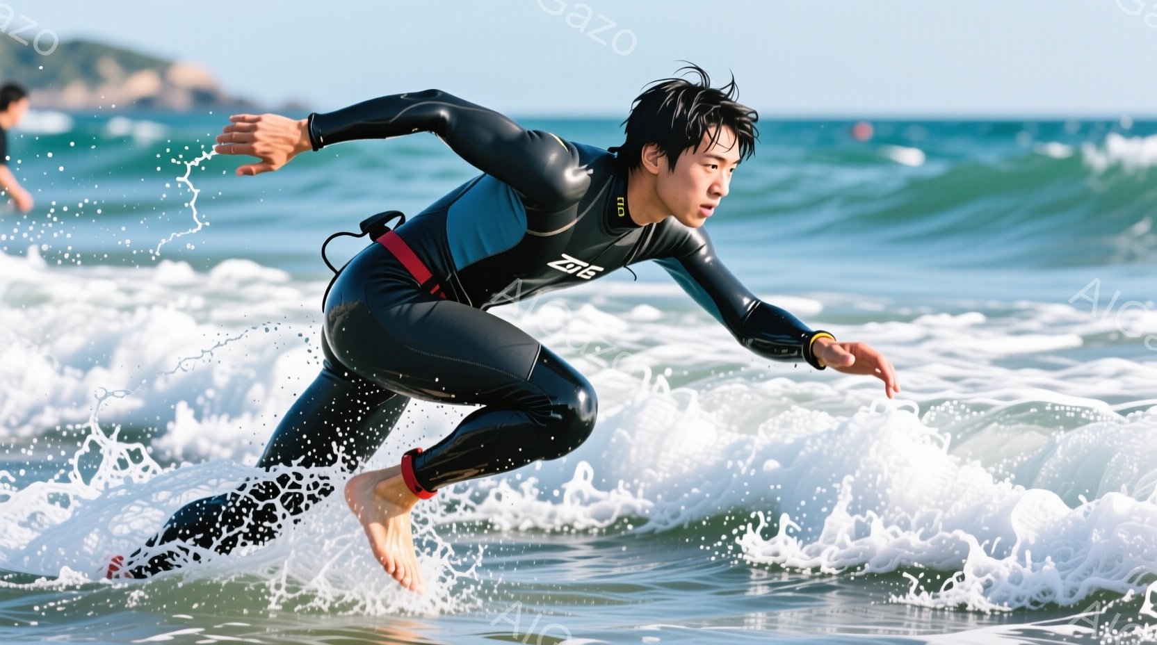 黒いウェットスーツを着た男性が波の中を走っている。彼は足が隠れていない状態で、片手に何か持っているようで、表情は真剣で集中している。背景には青い海と白い波が広がり、遠くには緑の陸地が見える、天候は晴れで、活気のある夏の日の雰囲気が伝わってくる。