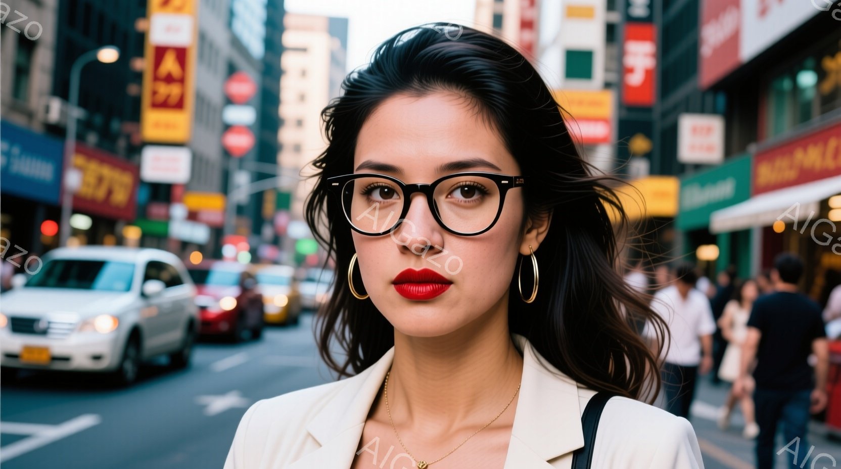 濃い赤色の口紅をつけた女性が、黒い縁の眼鏡をかけ、金色のフープピアスと繊細なネックレスを身につけている。オフホワイトのジャケットを羽織り、自信に満ちた表情で正面を見据えている。背景にはニューヨークの賑やかな街並みが広がり、タクシーや多くの人々が写り込み、活気ある都会の雰囲気を伝えている。