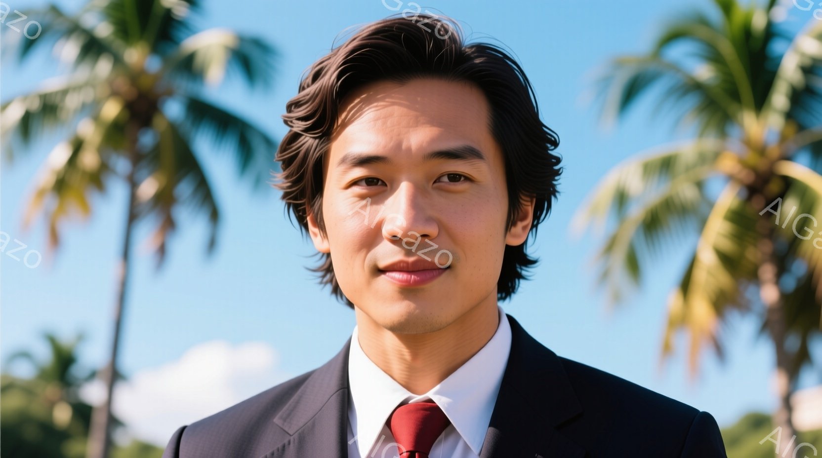 この男性は紺色のスーツに赤いネクタイを着用し、白いシャツを着ています。髪型は少しウェーブがかかったダークブラウンで、顔は穏やかで微笑んでいます。背景には青空とヤシの木々が見え、全体的に明るく爽やかな雰 - AI生成フリー素材