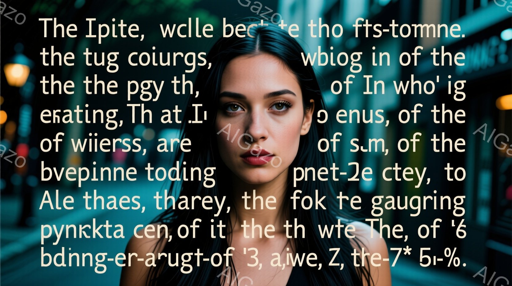 鮮やかな色の光が当たる、肌の美しい女性のポートレートです。彼女は赤い口紅を塗り、自信に満ちた表情でカメラを見つめています。背景はぼやけていますが、都市の光がちらちらと見え、大胆で現代的な雰囲気を醸し出しています。