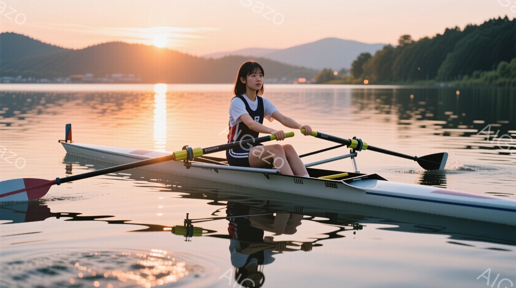ボートに乗った若い女性が写っている。彼女は黒いノースリーブシャツに短い黒髪で、集中した表情で漕ぎ手としてポーズをとっている。背景には、穏やかな水面と緑の丘、そして夕焼けの暖かい光が広がり、静かで平和な - AI生成フリー素材