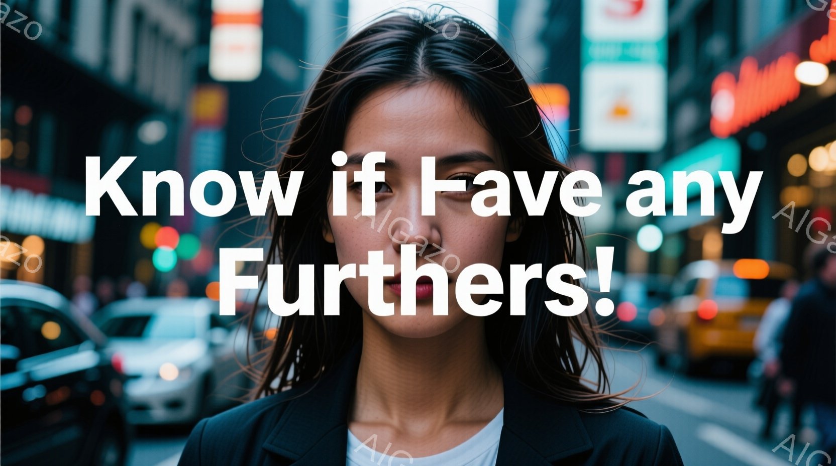 長い黒髪をセンターパートにした女性が、黒いジャケットを着てカメラを見つめている。背景にはぼやけた都市の風景が広がり、ネオンサインや車両が確認できる。全体的に都会的で洗練された雰囲気が漂っている。 - AI生成フリー素材