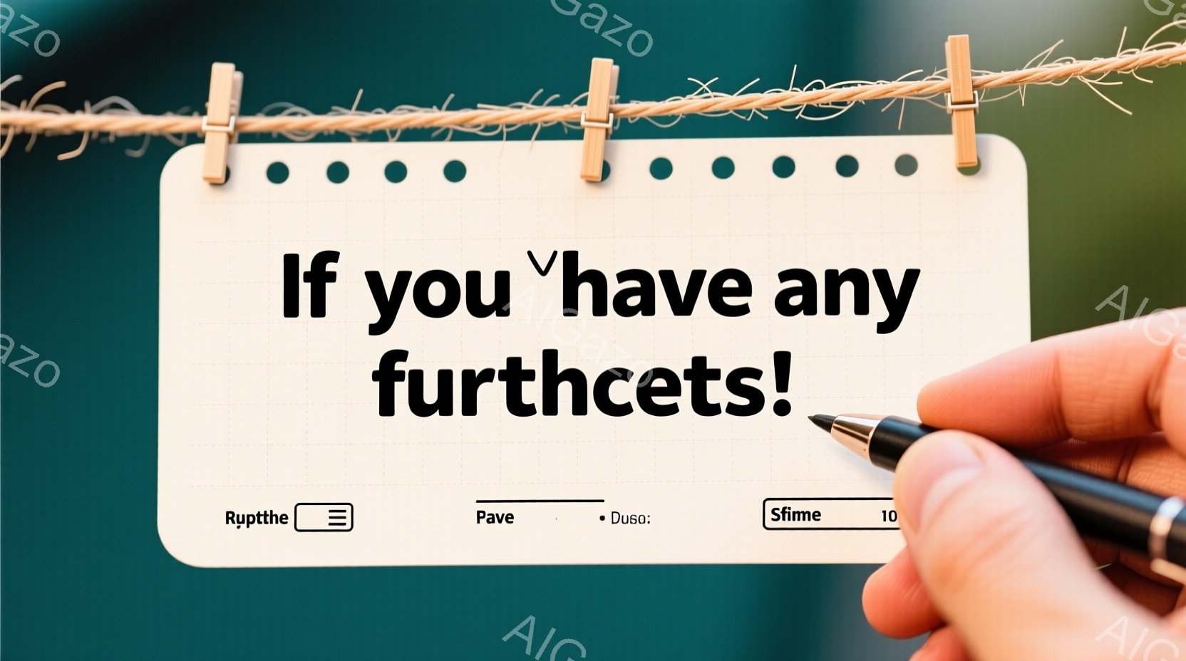 白い紙が洗濯ロープに洗濯ばさみで挟まっており、「If you have any furthets」という文字が書かれている。紙の左端には指とペンが少しだけ写っており、手は茶色い肌色で、ペンは黒色である。背景はぼやけているが、屋外の自然光の下にあるように見える。