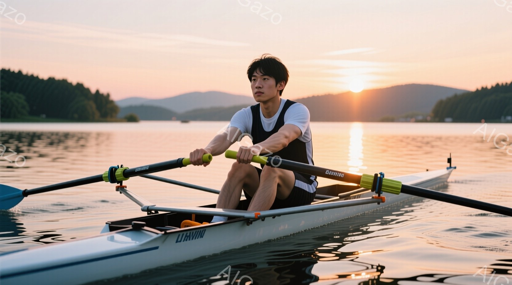 若い男性がボートに乗って漕いでいる様子が写っている。彼は黒いショーツと白いタンクトップを着ており、短髪で引き締まった表情をしている。背景には穏やかな湖と緑豊かな山々が広がり、夕焼け空が水面に反射して穏 - AI生成フリー素材