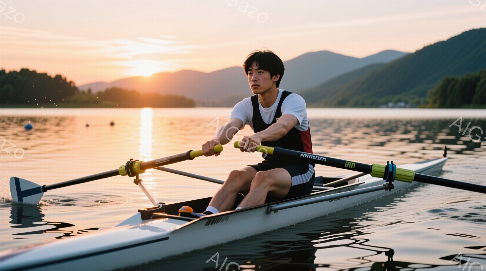 若い漕ぎ手がボートの上で漕いでいる様子が写っている。彼は黒いヘアスタイルで、白いタンクトップと黒いショートパンツを着用し、集中した表情で前方を向いている。背景には穏やかな湖と、夕焼けに照らされた山々が - AI生成フリー素材