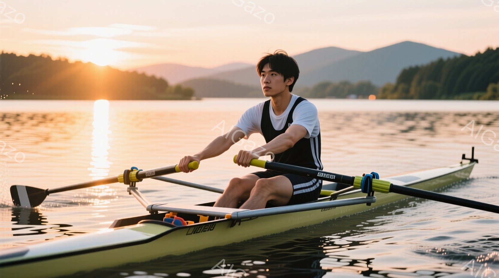 若い男性がボートに乗って漕いでいる様子が写っている。彼は黒いタンクトップとショーツを着用し、短く整えられた髪をしている。背景には穏やかな湖と遠くの山々が夕焼けに照らされ、静かで平和な雰囲気を醸し出して - AI生成フリー素材