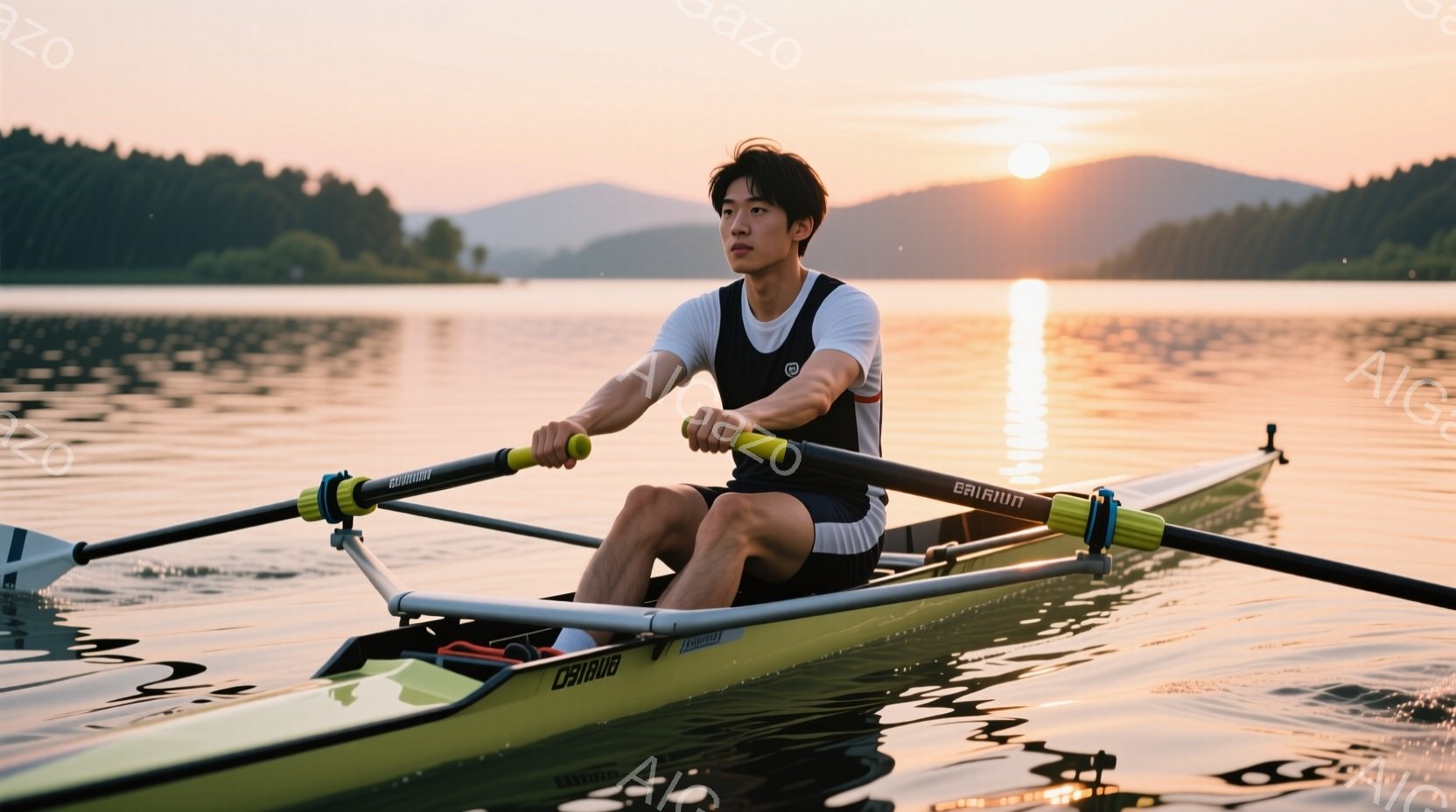 若い男性がボートに乗って漕いでいる様子が写っている。彼は白いTシャツに黒いビブス、黒いショーツを着用し、短髪で引き締まった表情をしている。背景には穏やかな湖と夕焼けが広がり、水面に反射した光が美しい光 - AI生成フリー素材
