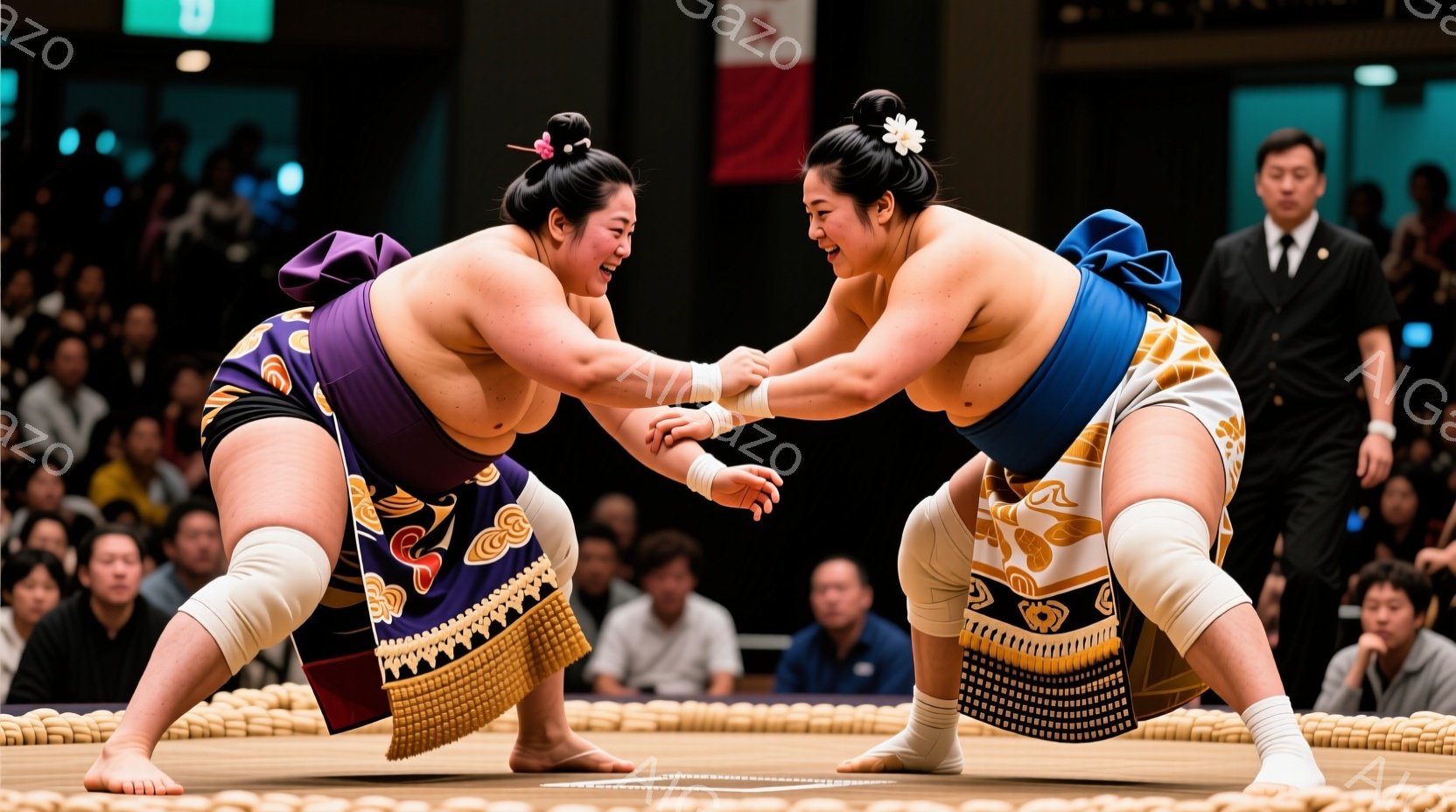 力士二人が土俵上で向かい合っており、互いの手を掴み、一触即発の構えをとっています。力士たちは締め込みと呼ばれる伝統的な下着を着用し、髪を髷（まげ）に結っています。背景には観客席が見え、競技場の熱気と緊張感が伝わってきます。