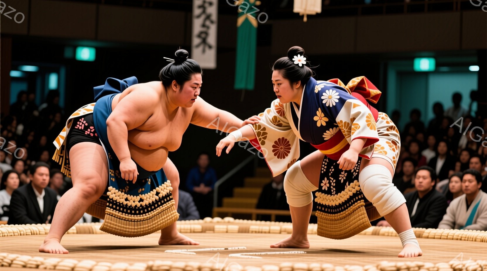 競技場の中央で力士二人、向かい合って構えをとっている。力士たちは伝統的な廻しを締め、髪は丁髷に結い上げている。観客席には多くの人々がおり、緊張感のある、熱狂的な雰囲気が漂っている。