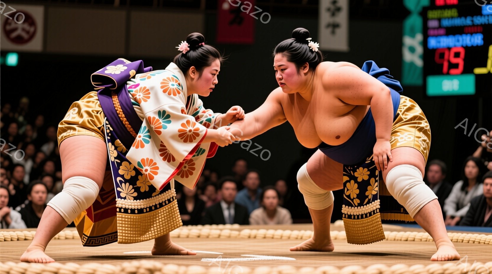 競技場の中央で力士二人が向かい合って構えを取っています。力士たちは締め込みと呼ばれる伝統的な下着を身につけ、まわしには鮮やかな模様が描かれています。彼らの表情は真剣で、一触即発の緊張感が漂っています。