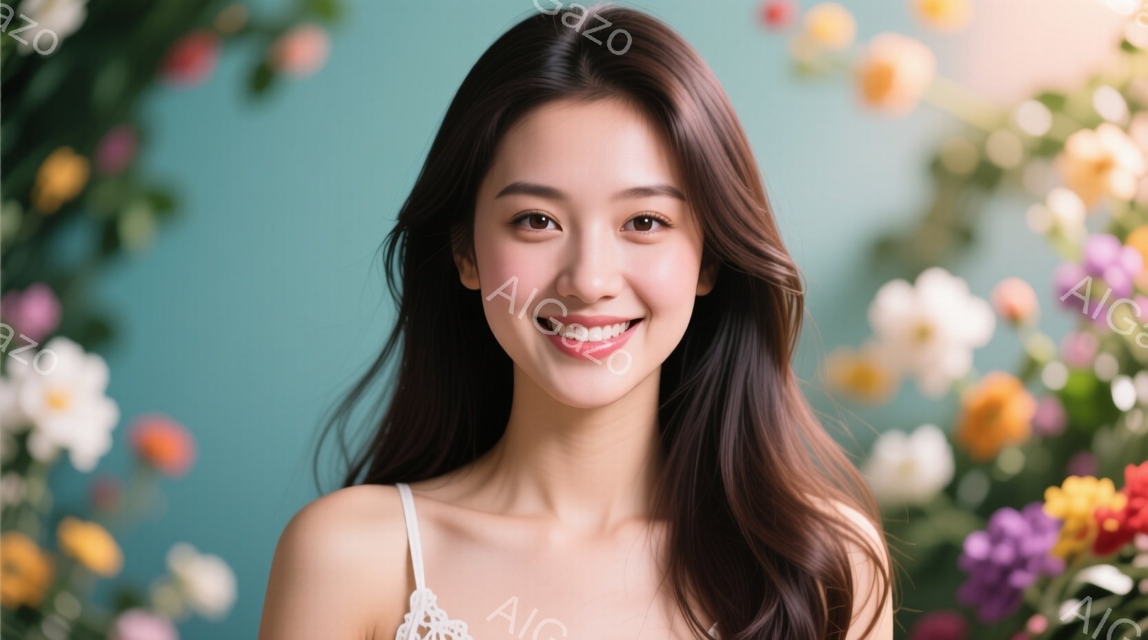 長い茶色の髪をなびかせ、白いレースのキャミソールを着た若い女性が正面を向いています。彼女は明るい笑顔で、リラックスした自然な姿勢で、まるで花に囲まれた春の庭にいるようです。背景には、様々な色の花が咲き - AI生成フリー素材