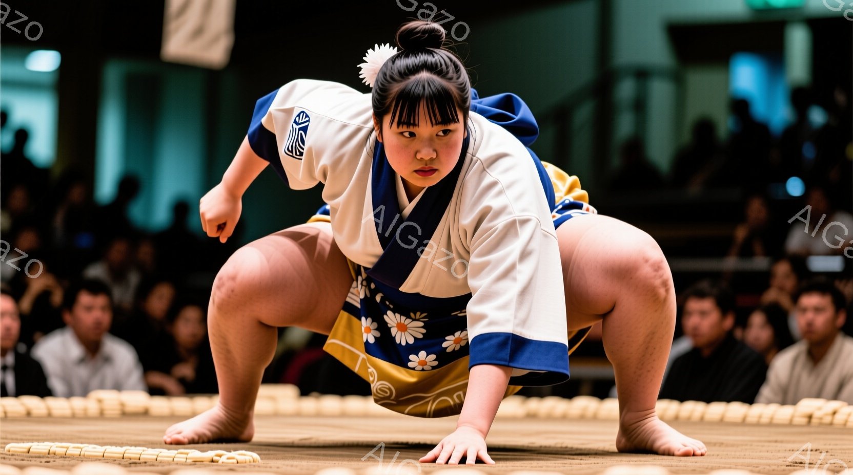 競技者は土俵の上で相撲の構えを取っており、白い相撲着に青い襷（たすき）をかけている。髪は黒くまとめられ、髷（ちょんまげ）のように頭頂部で高く結われている。背景には観客席が見え、土俵の周囲には藁（わら） - AI生成フリー素材