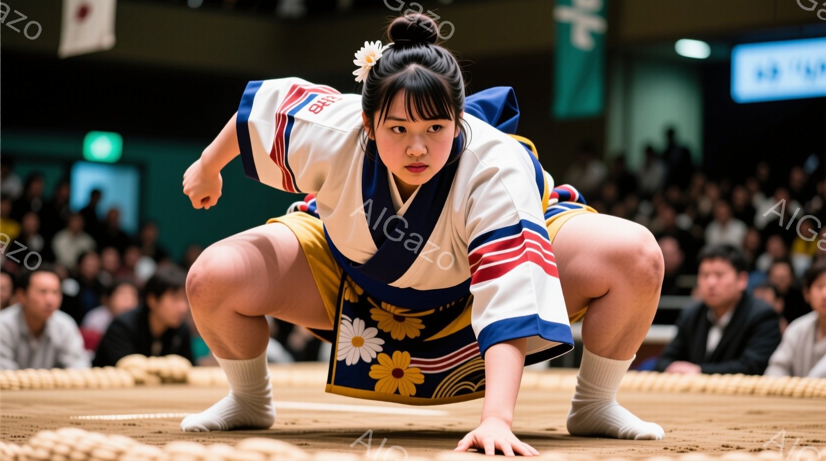 土俵の上で正座し、力士のような構えをとる女性が写っています。彼女は白い着物に青い帯を締め、足元には白い足袋を履いています。背景には観客席が見え、土俵を囲むように多くの人が座っている様子から、相撲の試合 - AI生成フリー素材