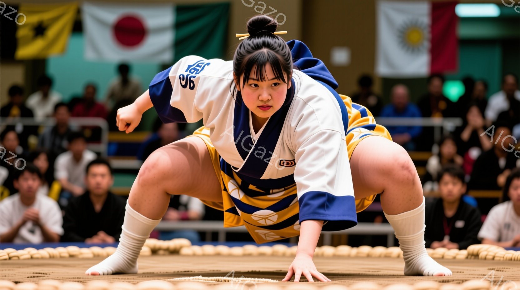 少女は土俵の上で相撲の構えを取っており、白い廻しに青い襷と下がり帯を締めています。彼女は真剣な表情で前を見据え、力強く膝を曲げ、両手を地面につけています。背景には観客席が見え、土俵の周りには藁が敷き詰められています。