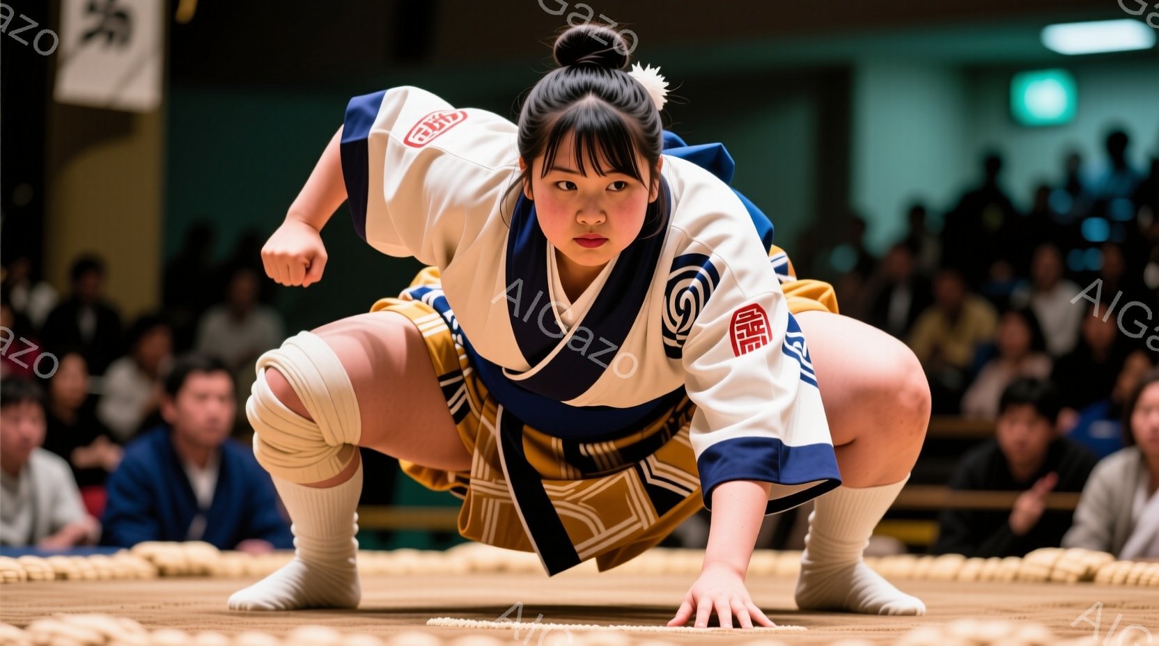 競技者は、白い胴衣に青と金色の柄が入った廻しを締めており、頭はしっかりと結い上げている。彼女は相撲の構えで、両手を床につけ、鋭い眼差しで前方を見据えている。背景には観客席が見え、土俵全体が強い緊張感と集中力に満ちている。