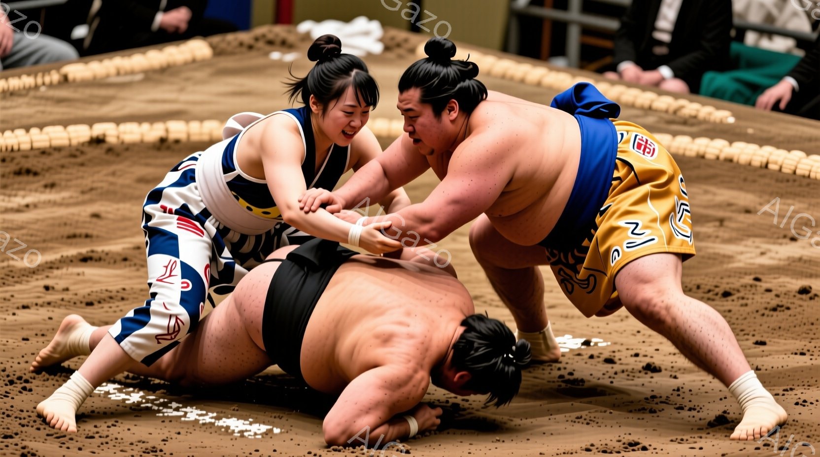 相撲の土俵上で、一人の女性と二人の男性が組み合っている様子が写っている。女性は黒い髪を高く結い、白い襷（たすき）と青い縞模様の相撲のまわしを身につけている。男性たちは、それぞれ黒と金色の相撲のまわしを締め、力強く組み合い、地面に膝をついている様子から激しい攻防が伺える。