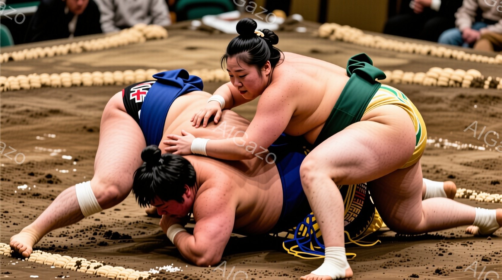 相撲の力士たちが土俵の上で激しい組み合いを繰り広げています。片方の力士は青色の廻しに白い締め込み、もう片方は緑色の廻しに黄色の締め込みを着用し、髪は丁髷（ちょんまげ）に結われています。土俵の周囲には藁 - AI生成フリー素材