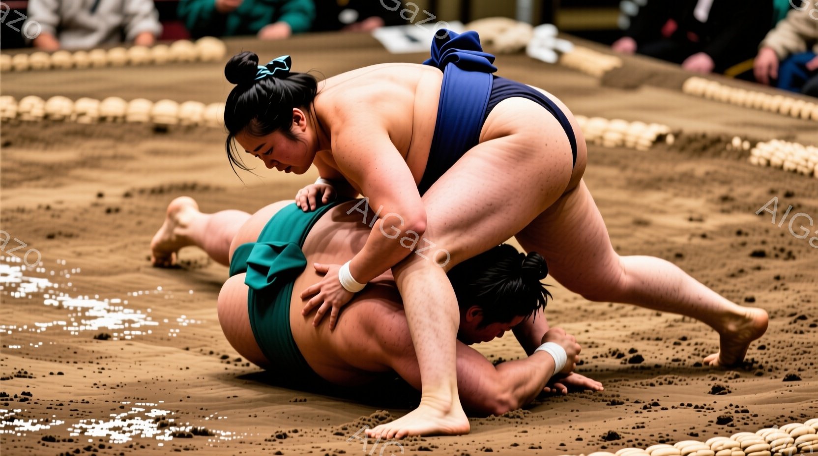 力士たちは土俵の上で激しい組み合いをしている様子が写っている。彼らは締め込みと呼ばれる伝統的な下着を着用し、髪を髷（ちょんまげ）にしている。土俵は円形で、周囲には藁（わら）が敷き詰められており、周囲には観客席が見える。