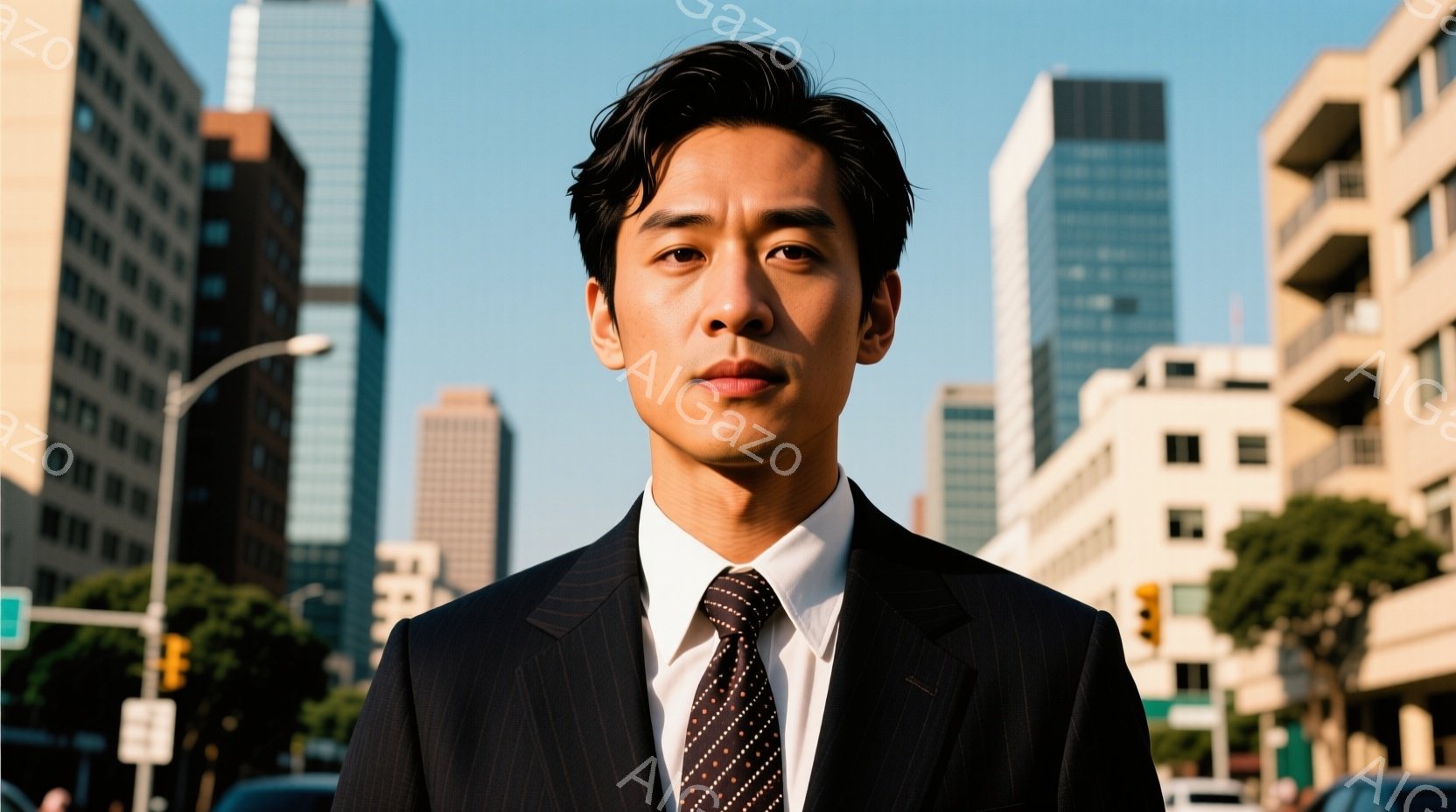 紺色のストライプのスーツにネクタイを締めたアジア系の男性が正面を向いています。彼は少し真剣な表情で、姿勢はまっすぐで自信に満ち溢れています。背景には高層ビルや緑、そして晴天の空が広がっており、都会的で - AI生成フリー素材