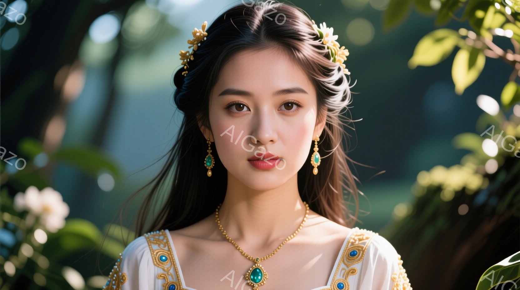 黒髪をサイドでまとめ、白い花飾りをつけた女性が写っている。クリーム色の肩出しのドレスを身につけ、緑色の宝石が散りばめられた金のネックレスとイヤリングを付けている。背景には緑の葉が生い茂っており、穏やかで優雅な雰囲気が漂っている。