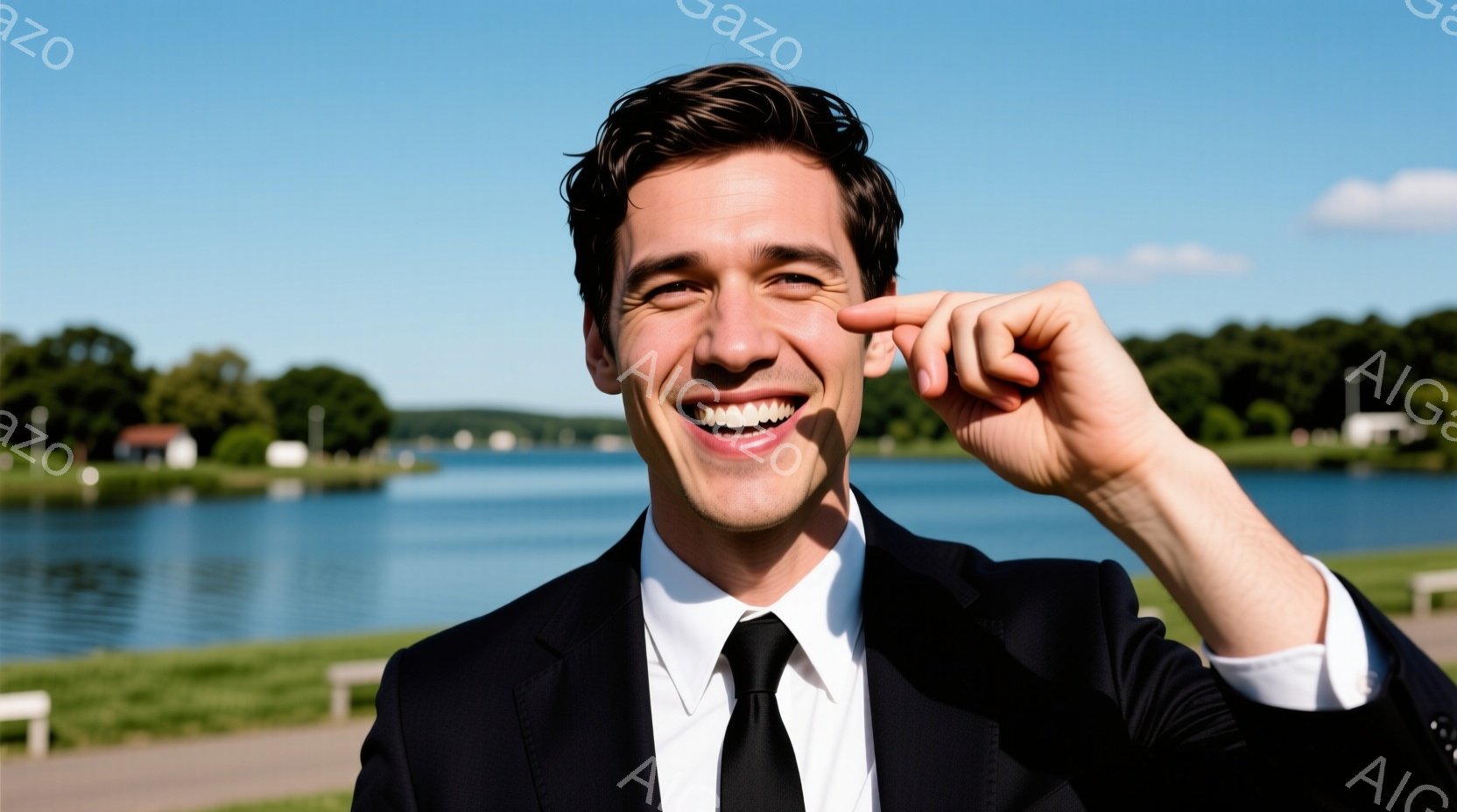 黒いスーツとネクタイを着た男性が、片目を指で隠し、笑顔でカメラを見ている。背景には青い湖と緑豊かな木々が広がり、晴天の下、開放的な雰囲気が漂っている。彼は自信に満ちた表情で、湖畔の美しい景色を背景に、 - AI生成フリー素材